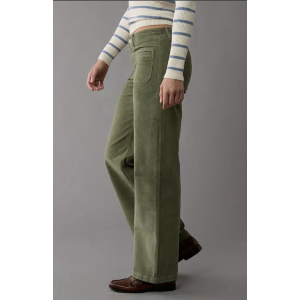 American Eagle Low Rise Baggy Wide Leg Corduroy Pants 4P Green Y2K Retro